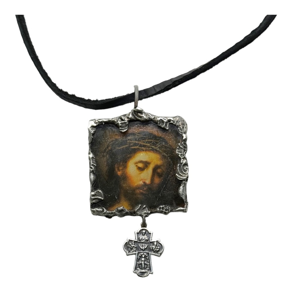 Reversible Suffering Christ Pendant w/ Silver Bezel & 925 Vntg Religious 4 Charm - Picture 7 of 16